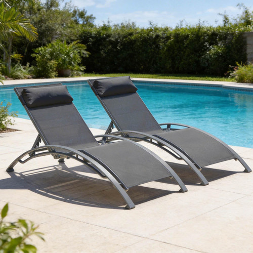 Pool Lounge Chairs Set of 2, Adjustable Aluminum Outdoor Chaise Lounge Chairs, All Weather for Deck Lawn Poolside Backyard -Dark Grey Textilene