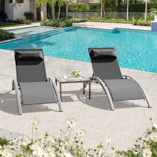 Pool Lounge Chairs Set of 3, Adjustable Aluminum Outdoor Chaise Lounge Chairs with Metal Side Table, All Weather for Deck Lawn Poolside Backyard -Dark Grey Textilene