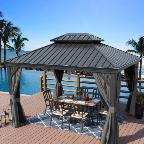 10' x 12' Hardtop Gazebo, Aluminum Frame with Galvanized Steel Double Roof, Outdoor Permanent Pavilion with Curtains and Netting for Patio, Backyard, Deck, Lawn (Gray)