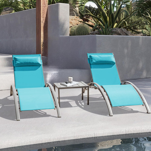 Pool Lounge Chairs Set of 3, Adjustable Aluminum Outdoor Chaise Lounge Chairs with Metal Side Table, All Weather for Deck Lawn Poolside Backyard -Lake Blue Textilene