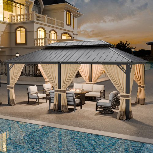 12x20ft Hardtop Gazebo Double Roof, Outdoor Pavilion with 2-Layer Hard top Galvanized Iron Frame Garden Tent, Suitable for courtyards, backyards, Decks, and Grass