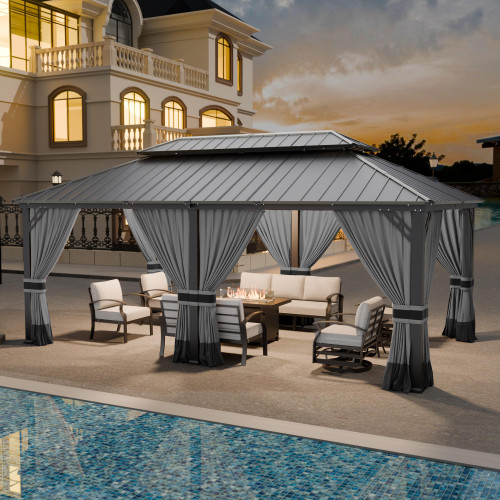 12x20ft Hardtop Gazebo Double Roof, Outdoor Pavilion with 2-Layer Hard top Galvanized Iron Frame Garden Tent, Suitable for courtyards, backyards, Decks, and Grass