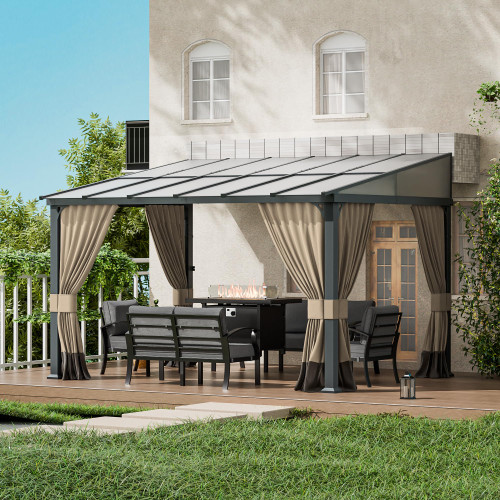 10x12FT Gazebo, Hardtop Wall Mounted Gazebo with Sloping Sun Panel Roof, Awnings for Patio with Metal Frame, Double Curtains for Garden, Lawn, Backyard Deck, Sand