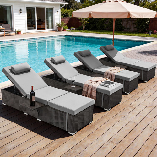 Outdoor Chaise Lounge with Adjustable Backrest Set of 4, 6-Position Reclining Lounger Pool Chair, Thick 3-Inch Cushion & Side Tray, All-Weather PE Wicker for Outdoor, Backyard, Deck (Gray)