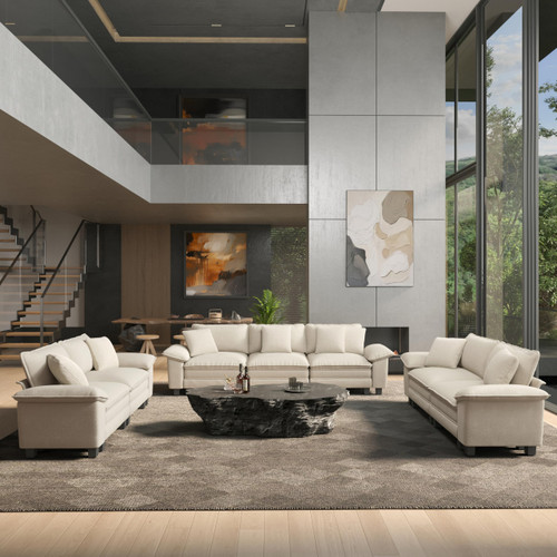 3 Pieces Modular Sectional Sofa Sets, Oversized Couch Set with Loveseats, Comfy Cloud Couches with Throw Pillows, 7-Seater Deep Seat Sofa for Living Room, Chenille Beige