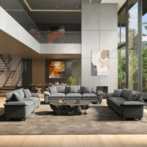 3 Pieces Modular Sectional Sofa Sets, Oversized Couch Set with Loveseats, Comfy Cloud Couches with Throw Pillows, 7-Seater Deep Seat Sofa for Living Room, Corduroy Grey
