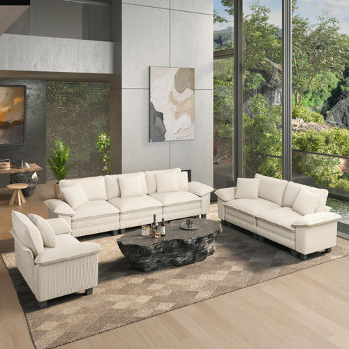 3 Pieces Modular Sectional Sofa Sets, Oversized Couch Set with Loveseats and Armchair, Comfy Cloud Couches with Throw Pillows, 6-Seater Deep Seat Sofa for Living Room, Corduroy Beige