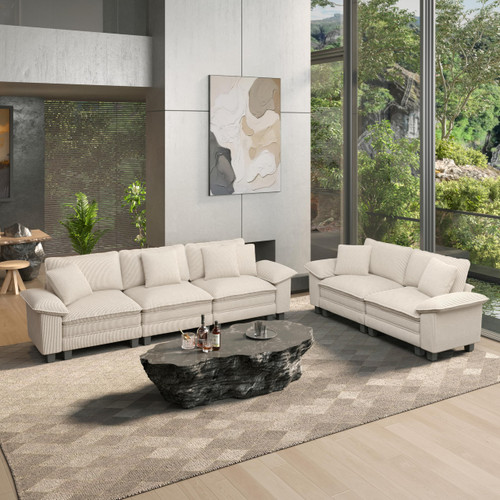 2 Pieces Modular Sectional Sofa Sets, Oversized Couch Set with Loveseats, Comfy Cloud Couches with Throw Pillows, 5-Seater Deep Seat Sofa for Living Room, Corduroy Beige