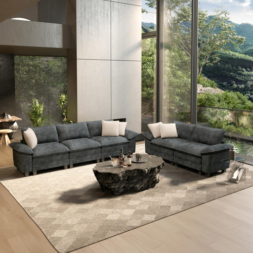 2 Pieces Modular Sectional Sofa Sets, Oversized Couch Set with Loveseats, Comfy Cloud Couches with Throw Pillows, 5-Seater Deep Seat Sofa for Living Room, Chenille Blue