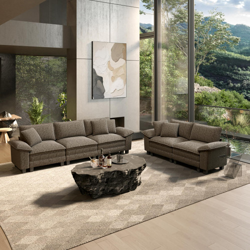 2 Pieces Modular Sectional Sofa Sets, Oversized Couch Set with Loveseats, Comfy Cloud Couches with Throw Pillows, 5-Seater Deep Seat Sofa for Living Room, Chenille Ash