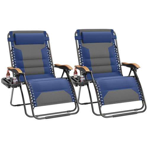 XXL Oversized Padded Zero Gravity Chair Set of 2, Foldable Patio Recliner, 30" Wide Seat Anti Gravity Lounger with Armrest and Cup Holder, Support 400 LBS (Thumb Blue)