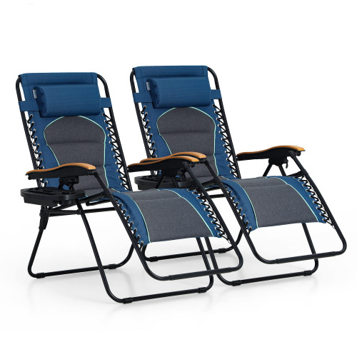 XXL Oversized Padded Zero Gravity Chair Set of 2, Foldable Patio Recliner, 30" Wide Seat Anti Gravity Lounger with Armrest and Cup Holder, Support 400 LBS (Blue Accents)