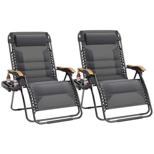 XXL Oversized Padded Zero Gravity Chair Set of 2, Foldable Patio Recliner, 30" Wide Seat Anti Gravity Lounger with Armrest and Cup Holder, Support 400 LBS (Light Gray)