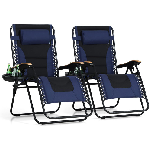 XXL Oversized Padded Zero Gravity Chair Set of 2, Foldable Patio Recliner, 30" Wide Seat Anti Gravity Lounger with Armrest and Cup Holder, Support 400 LBS (Navy Blue)