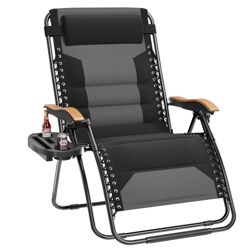 XXL Oversized Padded Zero Gravity Chair, Foldable Patio Recliner, 30" Wide Seat Anti Gravity Lounger with Cup Holder, Support 400 LBS (Black)