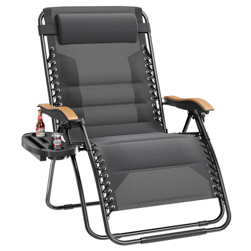 XXL Oversized Padded Zero Gravity Chair, Foldable Patio Recliner, 30" Wide Seat Anti Gravity Lounger with Cup Holder, Support 400 LBS (Light Gray)