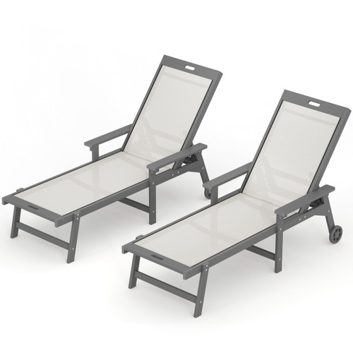 Chaise Lounge Chair Outdoor Set of 2, HDPS and HDPE Wicker Chaise Lounger with 5 Positions, Pool Lounge Chairs with Wheels and Adjustable Backrest for Patio, Poolside, Deck, Backyard