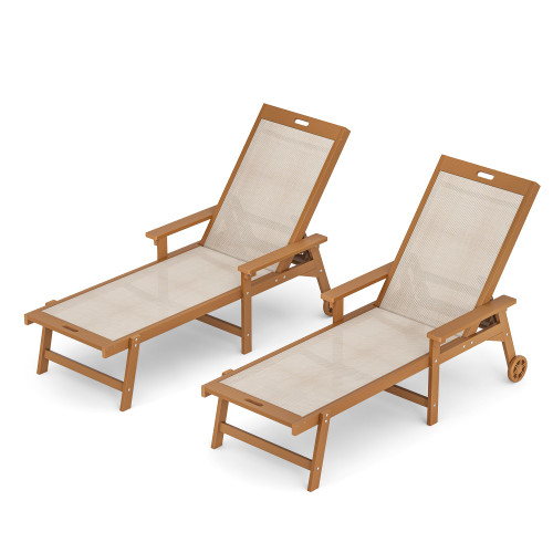 Chaise Lounge Chair Outdoor Set of 2, HDPS and HDPE Wicker Chaise Lounger with 5 Positions, Pool Lounge Chairs with Wheels and Adjustable Backrest for Patio, Poolside, Deck, Backyard