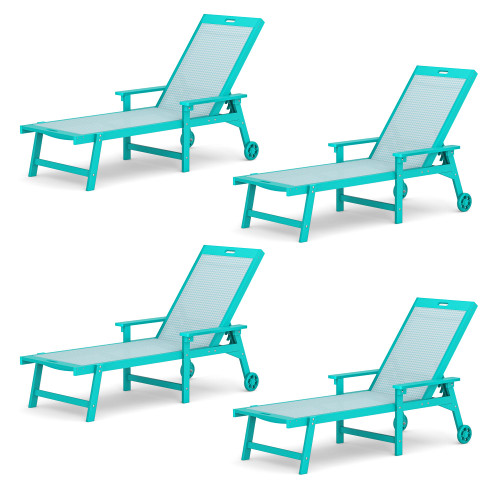 Chaise Lounge Chair Outdoor Set of 4, HDPS and HDPE Wicker Chaise Lounger with 5 Positions, Pool Lounge Chairs with Wheels and Adjustable Backrest for Patio, Poolside, Deck, Backyard