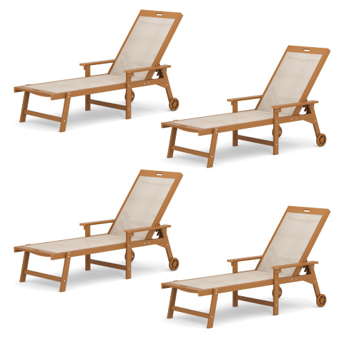Chaise Lounge Chair Outdoor Set of 4, HDPS and HDPE Wicker Chaise Lounger with 5 Positions, Pool Lounge Chairs with Wheels and Adjustable Backrest for Patio, Poolside, Deck, Backyard