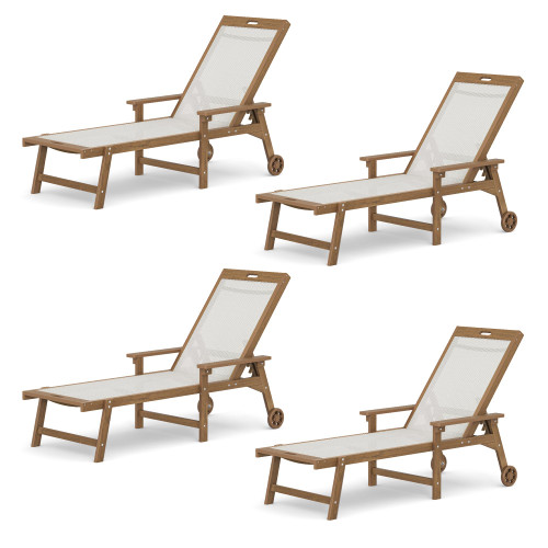 Chaise Lounge Chair Outdoor Set of 4, HDPS and HDPE Wicker Chaise Lounger with 5 Positions, Pool Lounge Chairs with Wheels and Adjustable Backrest for Patio, Poolside, Deck, Backyard