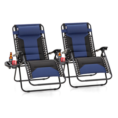 Zero Gravity Chair Set of 2, Padded Anti Gravity Recliner, Oversized 28" Wide Seat, Foldable Patio Lounger with Armrest & Cup Holder, Supports 400 LBS (Blue Black)