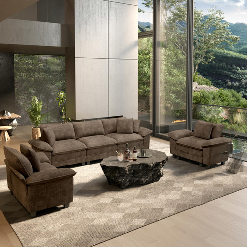 3 Pieces Modular Sectional Sofa Sets, Oversized Couch Set with Loveseat and Armchairs, Comfy Cloud Couches with Throw Pillows, 5-Seater Deep Seat Sofa for Living Room, Chenille Taupe