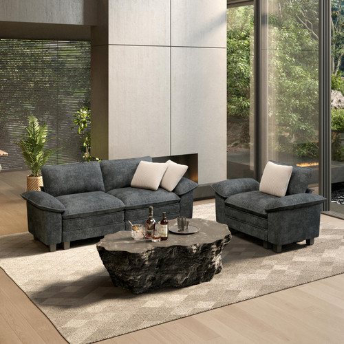 2 Pieces Modular Sectional Sofa Sets, Oversized Couch Set with Loveseat and Armchair, Comfy Cloud Couches with Throw Pillows, 3-Seater Deep Seat Sofa for Living Room, Chenille Blue