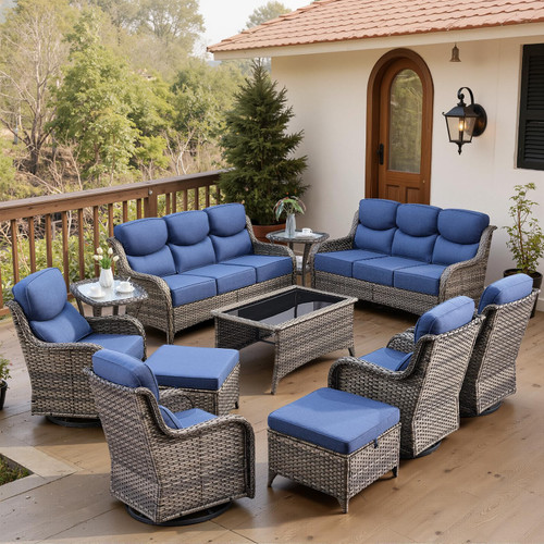 Luxury 6" Thick Cushioned 11 Pieces Patio Furniture Set with Outdoor Couch, Wicker Outdoor Conversation Set with High Back Swivel Rocker Chairs for Deck Porch Yard and Poolside - Grey+Blue