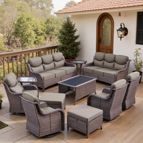 Luxury 6" Thick Cushioned 11 Pieces Patio Furniture Set with Outdoor Couch, Wicker Outdoor Conversation Set with High Back Swivel Rocker Chairs for Deck Porch Yard and Poolside - Brown+Grey