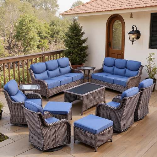 Luxury 6" Thick Cushioned 11 Pieces Patio Furniture Set with Outdoor Couch, Wicker Outdoor Conversation Set with High Back Swivel Rocker Chairs for Deck Porch Yard and Poolside - Brown+Blue