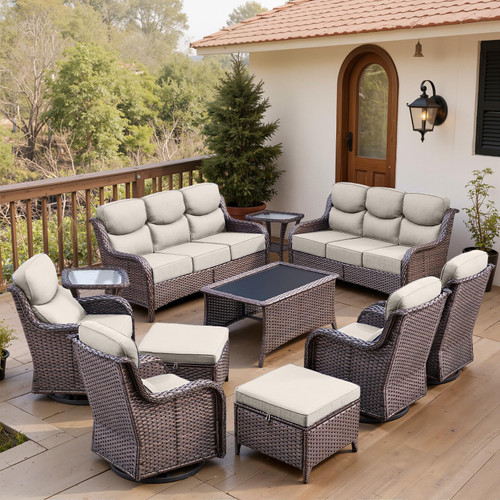 Luxury 6" Thick Cushioned 11 Pieces Patio Furniture Set with Outdoor Couch, Wicker Outdoor Conversation Set with High Back Swivel Rocker Chairs for Deck Porch Yard and Poolside - Brown+Beige