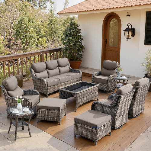 Luxury 6" Thick Cushioned 10 Pieces Patio Furniture Set with Outdoor Couch, Wicker Outdoor Conversation Set with High Back Swivel Rocker Chairs for Deck Porch Yard and Poolside - Grey+Grey