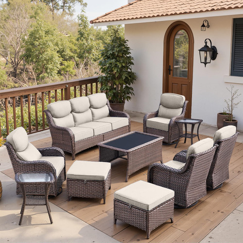 Luxury 6" Thick Cushioned 10 Pieces Patio Furniture Set with Outdoor Couch, Wicker Outdoor Conversation Set with High Back Swivel Rocker Chairs for Deck Porch Yard and Poolside - Brown+Beige