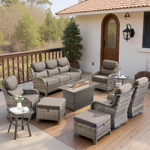 Luxury 6" Thick Cushioned 10 Pieces Patio Furniture Set with Fire Pit Table, Wicker Outdoor Conversation Set with High Back Swivel Rocker Chairs for Deck Porch Yard and Poolside - Grey+Grey