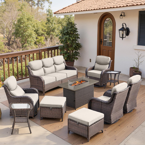 Luxury 6" Thick Cushioned 10 Pieces Patio Furniture Set with Fire Pit Table, Wicker Outdoor Conversation Set with High Back Swivel Rocker Chairs for Deck Porch Yard and Poolside - Brown+Beige