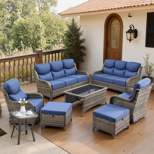 Luxury 6" Thick Cushioned 8 Pieces Patio Furniture Set with Outdoor Couch, Wicker Outdoor Conversation Set with High Back Swivel Rocker Chairs for Deck Porch Yard and Poolside - Grey+Blue