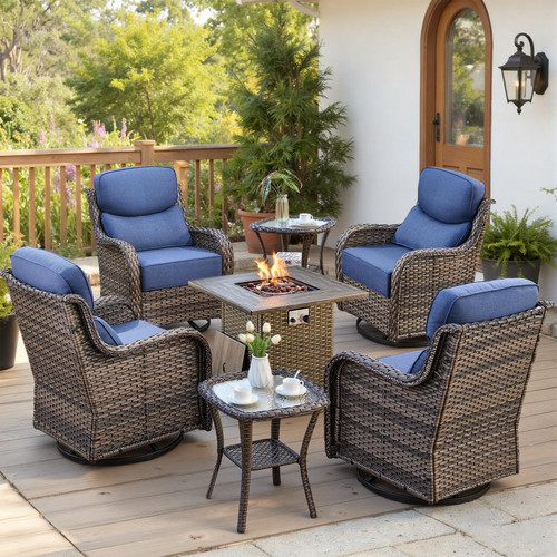 Luxury 6" Thick Cushioned Outdoor Swivel Rocker Chairs Set of 4 with Fire Pit Table, High Back Wicker Patio Furniture Set with Ergonomic Zone Back, Conversation Set for Deck Porch - Grey+Blue