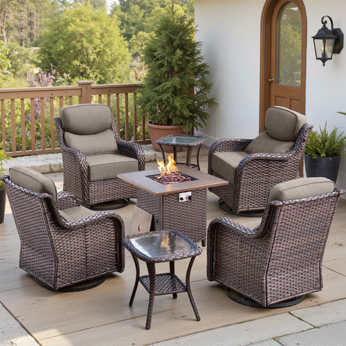 Luxury 6" Thick Cushioned Outdoor Swivel Rocker Chairs Set of 4 with Fire Pit Table, High Back Wicker Patio Furniture Set with Ergonomic Zone Back, Conversation Set for Deck Porch - Brown+Grey