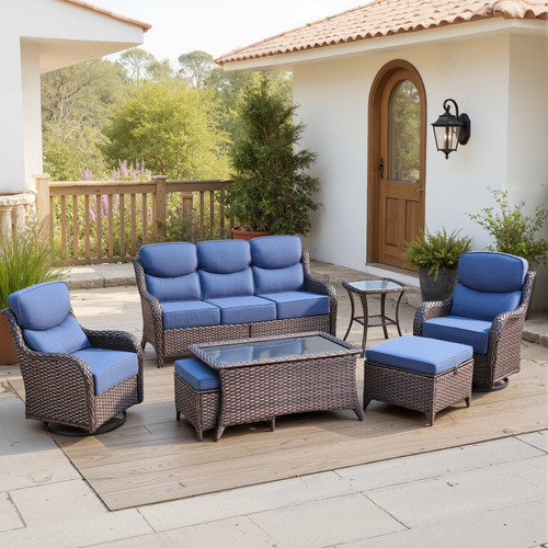 Luxury 6" Thick Cushioned 7 Pieces Patio Furniture Set with Outdoor Couch, Wicker Outdoor Conversation Set with High Back Swivel Rocker Chairs for Deck Porch Yard and Poolside - Brown+Blue