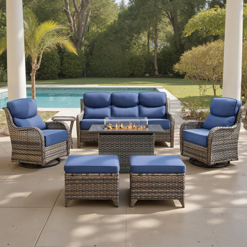 Luxury 6" Thick Cushioned 7 Pieces Patio Furniture Set with Fire Pit Table, Wicker Outdoor Conversation Set with High Back Swivel Rocker Chairs for Deck Porch Yard and Poolside - Grey+Blue
