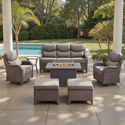 Luxury 6" Thick Cushioned 7 Pieces Patio Furniture Set with Fire Pit Table, Wicker Outdoor Conversation Set with High Back Swivel Rocker Chairs for Deck Porch Yard and Poolside - Brown+Grey