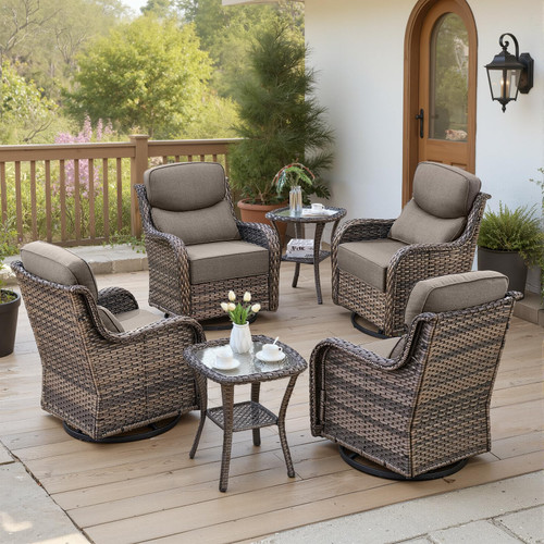 Luxury 6" Thick Cushioned Outdoor Swivel Rocker Patio Chairs Set of 4 with Side Table, High Back Wicker Furniture Set with Ergonomic Zone Back, Conversation Set for Deck Porch - Grey+Grey