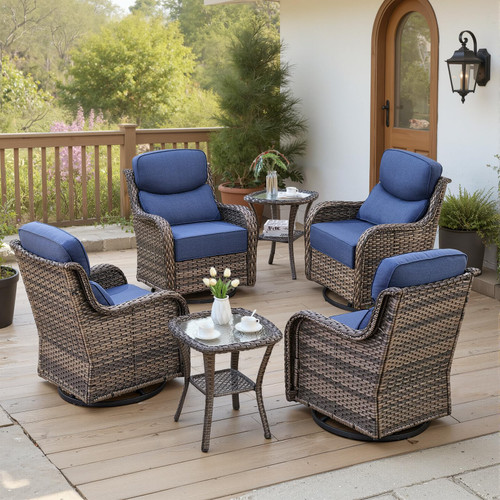 Luxury 6" Thick Cushioned Outdoor Swivel Rocker Patio Chairs Set of 4 with Side Table, High Back Wicker Furniture Set with Ergonomic Zone Back, Conversation Set for Deck Porch - Grey+Blue