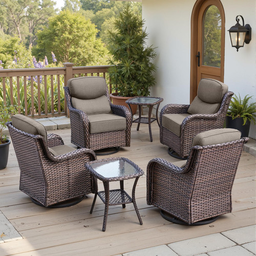 Luxury 6" Thick Cushioned Outdoor Swivel Rocker Patio Chairs Set of 4 with Side Table, High Back Wicker Furniture Set with Ergonomic Zone Back, Conversation Set for Deck Porch - Brown+Beige