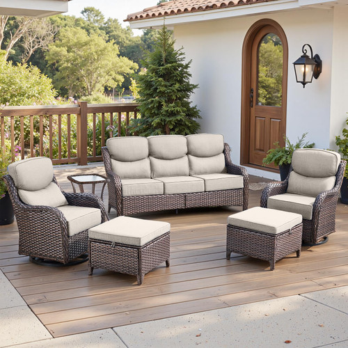 Luxury 6" Thick Cushioned 6 Pieces Patio Furniture Set with Outdoor Couch, Wicker Outdoor Conversation Set with High Back Swivel Rocker Chairs for Deck Porch Yard and Poolside - Brown+Beige