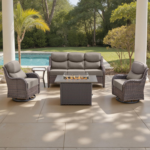 Luxury 6" Thick Cushioned 5 Pieces Patio Furniture Set with Fire Pit Table, Wicker Outdoor Conversation Set with High Back Swivel Rocker Chairs for Deck Porch Yard and Poolside - Brown+Grey