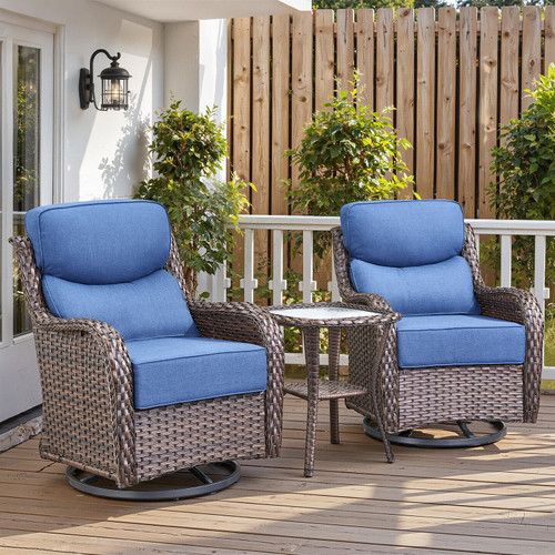 Luxury 6" Thick Cushioned Outdoor Swivel Rocker Patio Chairs with Side Table, High Back Wicker Furniture Set with Ergonomic Zone Back, Conversation Glider Set for Deck Porch - Brown+Blue