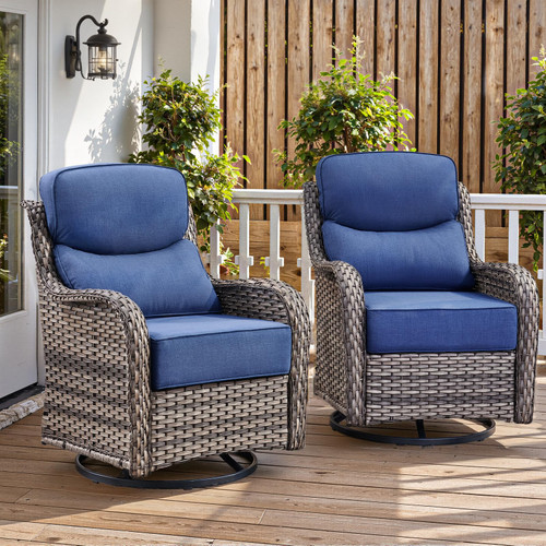 Luxury 6" Thick Cushioned Outdoor Swivel Rocker Patio Chairs of 2, High Back Wicker Patio Furniture Set with Ergonomic Zone Back, Conversation Glider Set for Deck Porch - Grey+Blue