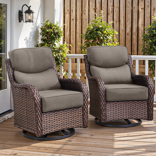Luxury 6" Thick Cushioned Outdoor Swivel Rocker Patio Chairs of 2, High Back Wicker Patio Furniture Set with Ergonomic Zone Back, Conversation Glider Set for Deck Porch - Brown+Grey